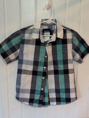 Basic Editions Boys' Teal and Black Plaid Short-Sleeve Button-Down